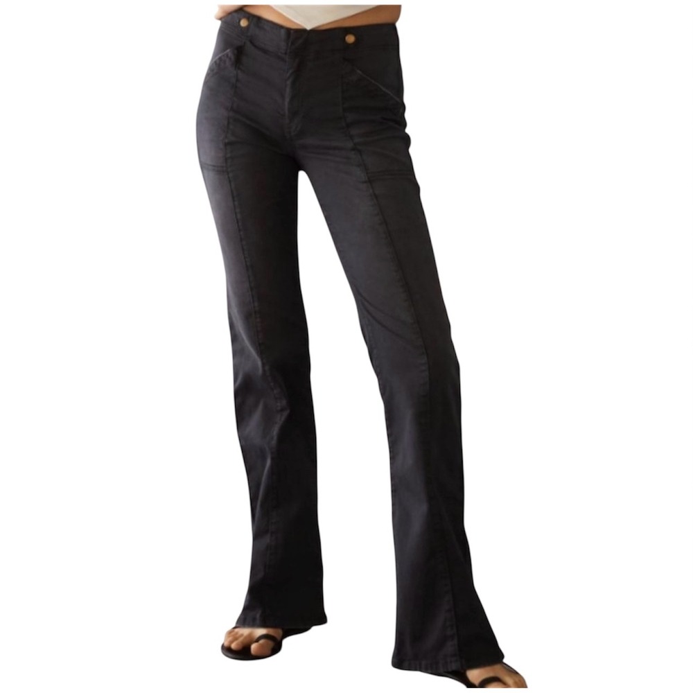 Anthropology Pilcro Low-Rise Utility Demilune Flare Pants Washed Black Seam‎ 28